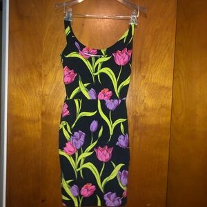 Vintage 1980 Betsey Johnson Punk Head Label Black Floral Bodycon stretch Dress S